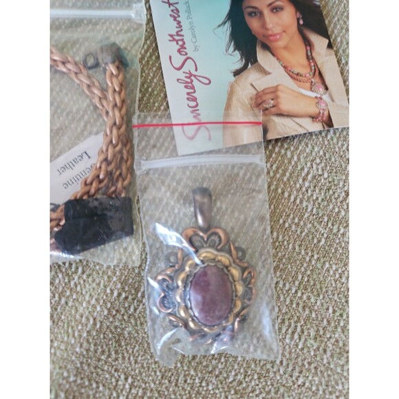 NEW ! VTG CAROLYN POLLACK STERLING SILVER RHODONITE BRASS PENDANT LEATHER BRAID - Picture 2 of 8